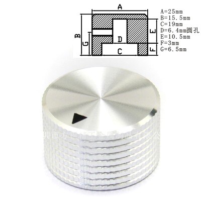 Perilla de potenciómetro de aluminio de alta gama sólida mecanizada, interruptor de volumen de agujero de eje de 6,4mm, 8mm y 10mm, perillas de codificador giratorio, 1 ud.: 25X15.5X6.4mm