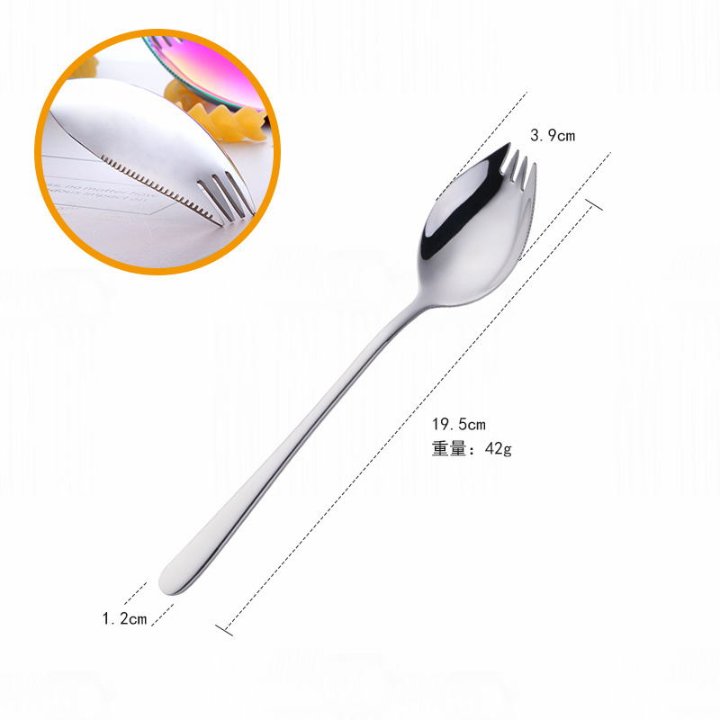 Stainless Steel Fork and Spoon Integrated Spoon and Fork Integrated Korean Household Long-Handled Salad Fork Dessert Fork Spoon: silver