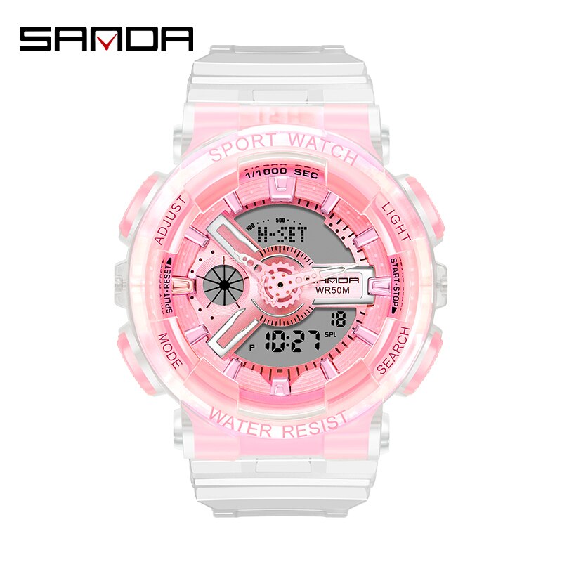 SANDA montre hommes et femmes montres transparentes étanche multi-fonction lumineux sport Double affichage Couple montre électronique: Deep pink