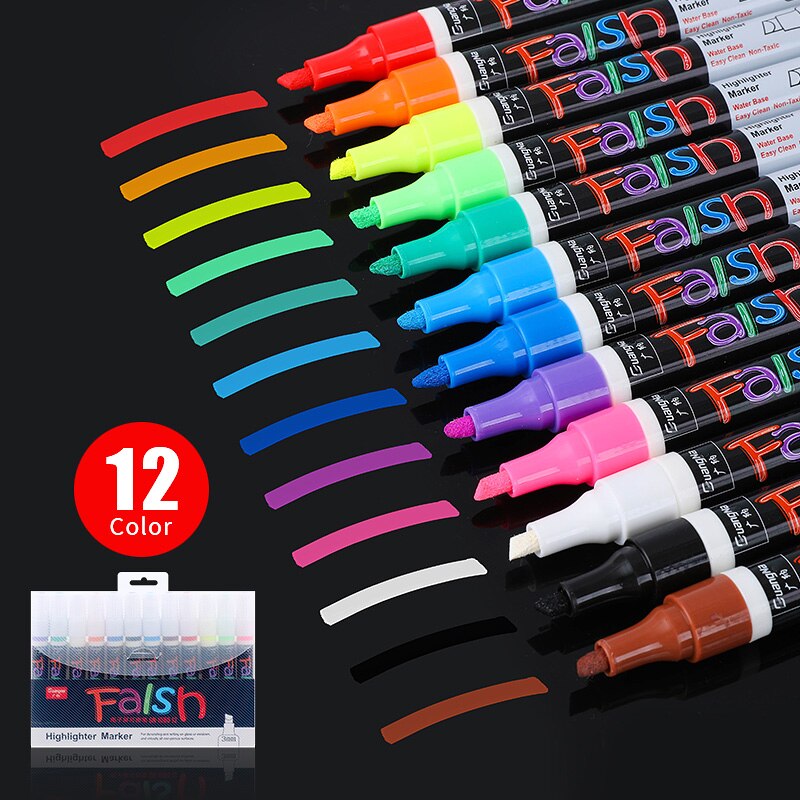 12 colores 6mm punta oblicua resaltador líquido tiza rotuladores para LED tablero de escritura vidrio ventana arte pintura: 12 color set