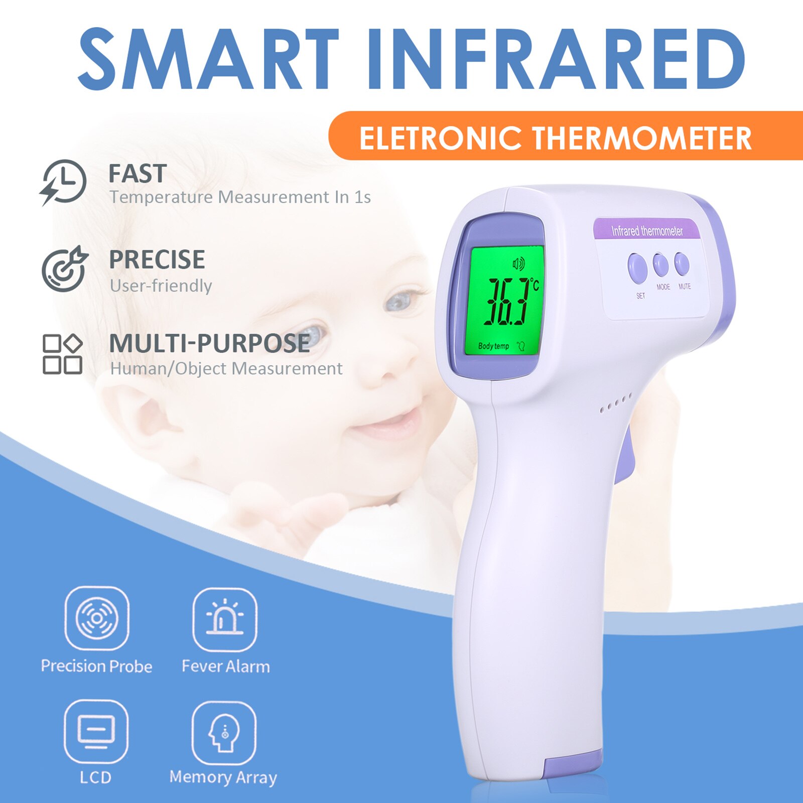 Voorhoofd Thermometer Voor Volwassenen Kids Baby Non Contact Thermometer Infrarood Digitale Temperatuurmeter Met Koorts Alarm