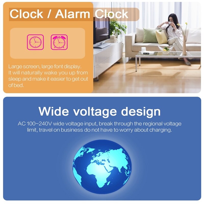 Réveil universel 48W, chargeur Multi USB QC3.0 6 ports USB, charge rapide sans fil, veilleuse rvb pour Smartphone tablette Ipad
