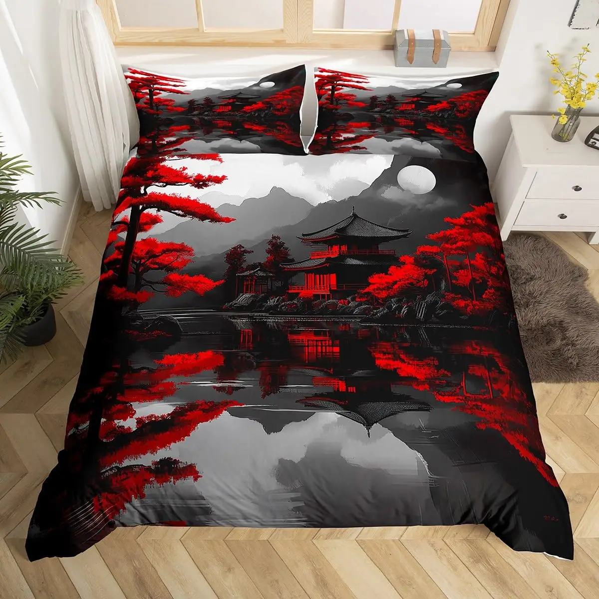 Japanese Building Duvet Cover Sets for Teens Queen Size Quilt Covers Lightweight Down 2 Pillowcases 1 Duvet Cover No Comforter