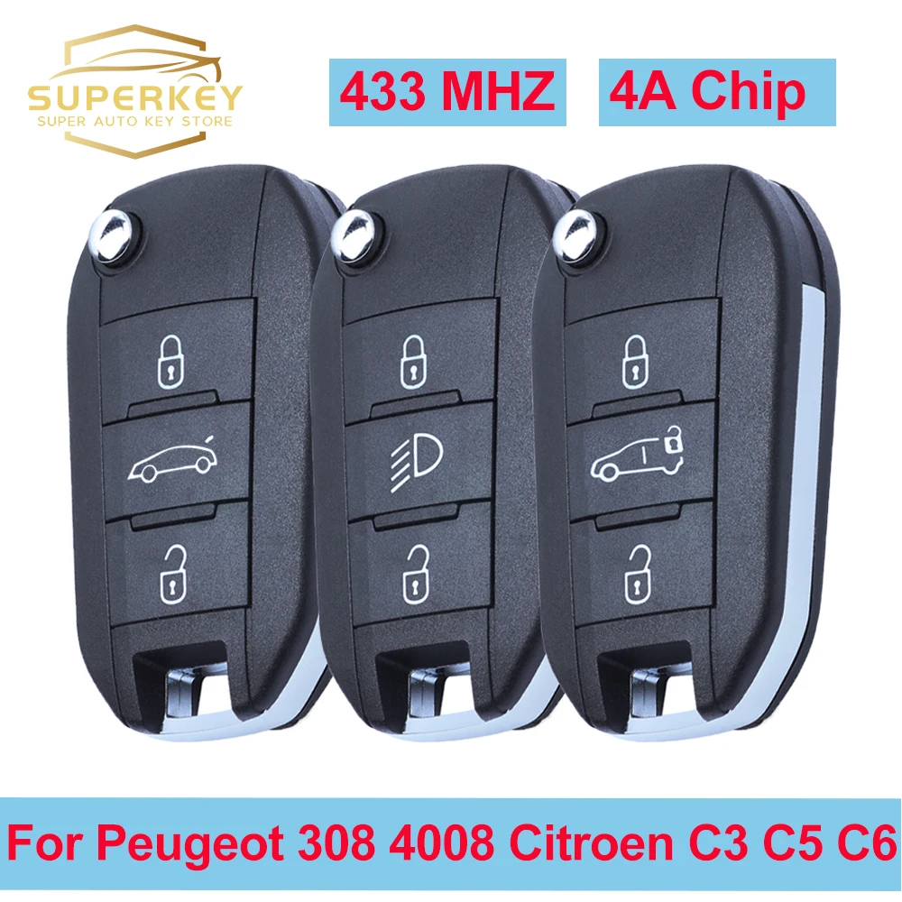 SUPERKEY 4A puce rabattable clé de voiture pliante à distance 433 MHZ HU83 VA2 lame pour Peugeot 308 4008 pour citroën Aircross C3 C4 C5 C6