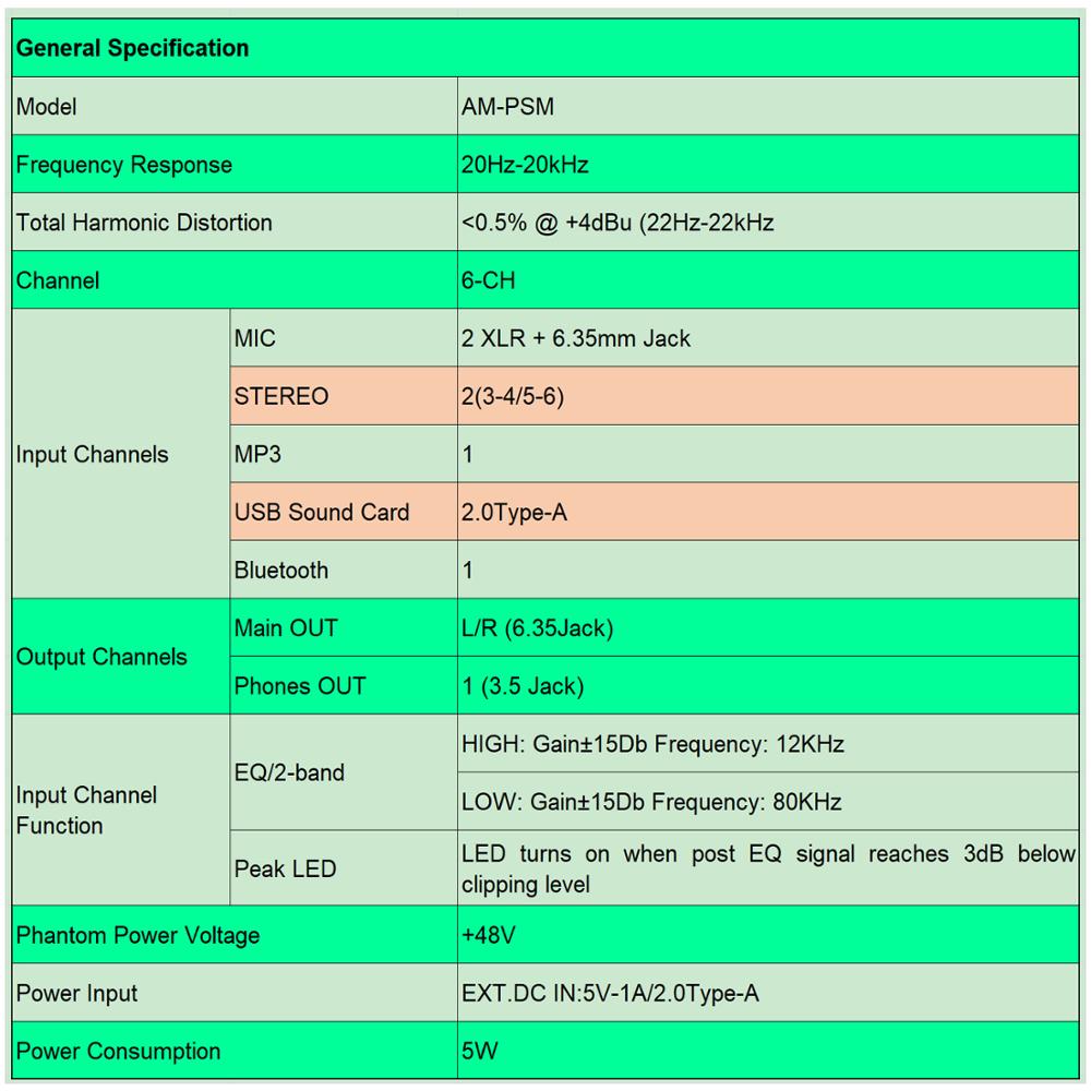 Freeboss AM-PSM DC 5V Bluetooth USB Computer Record Sound Card 6 Channel 2 Mono 2 Stereo 16 Effects Audio Mixer