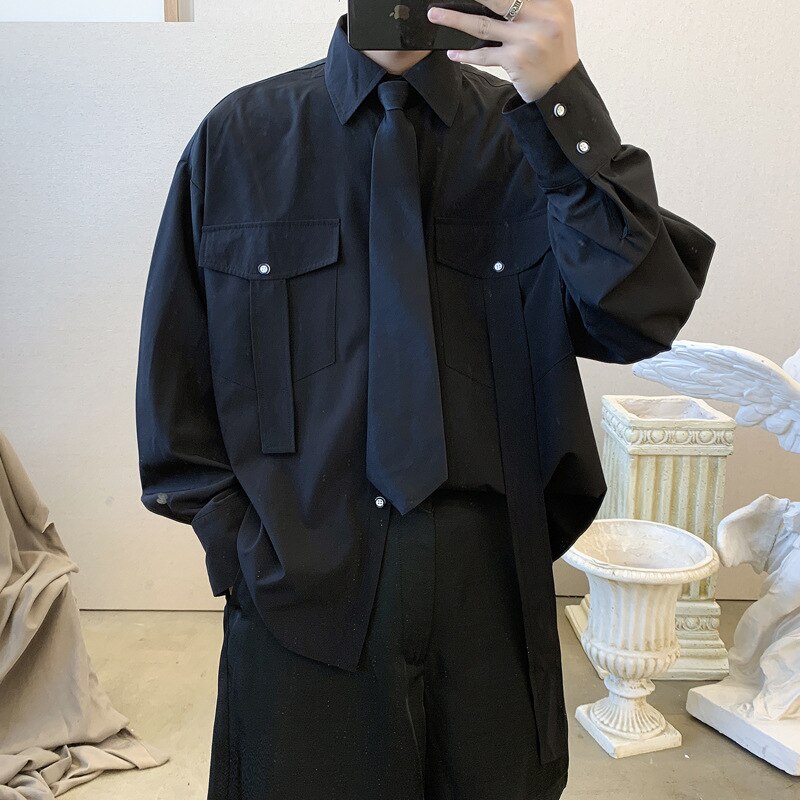 Chemise Cargo à manches longues pour homme, belle veste de Style coréen, uniforme individuel avec cravate, vêtements Hip Hop, printemps automne: Black