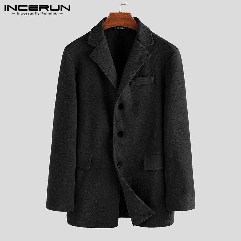 INCERUN Winter Mannen Geul Faux Fleece Blends Jassen Lange Mouwen Solid Casual Business Jassen Streetwear Mannen Overjassen: Black Coats / XXXL