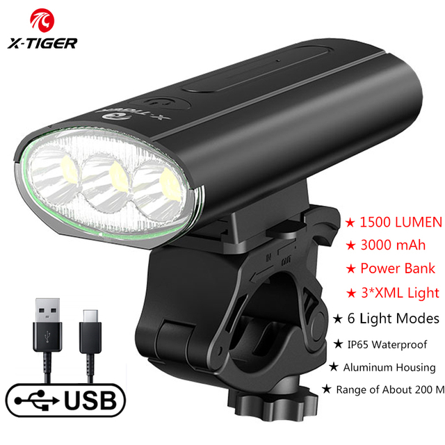 Juego de luces delanteras para bicicleta de X-TIGER, lámpara LED resistente al agua, recargable vía USB, 5200mAh: QD-0901