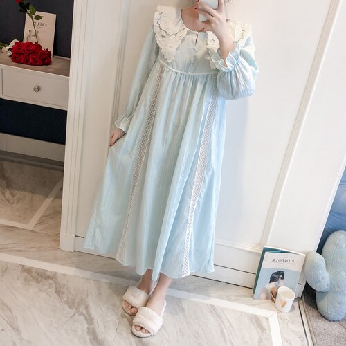 ¡Novedad de ! vestido de noche de encaje de algodón con cuello de princesa de corte para mujer, ropa de dormir medieval: Azul