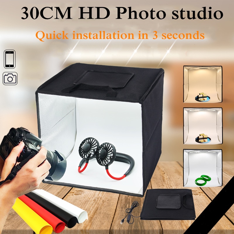 Caixa de luz 30*30cm portátil softbox studio foto led lightbox com 3 cores de fundo para a fotografia de mesa luzes led