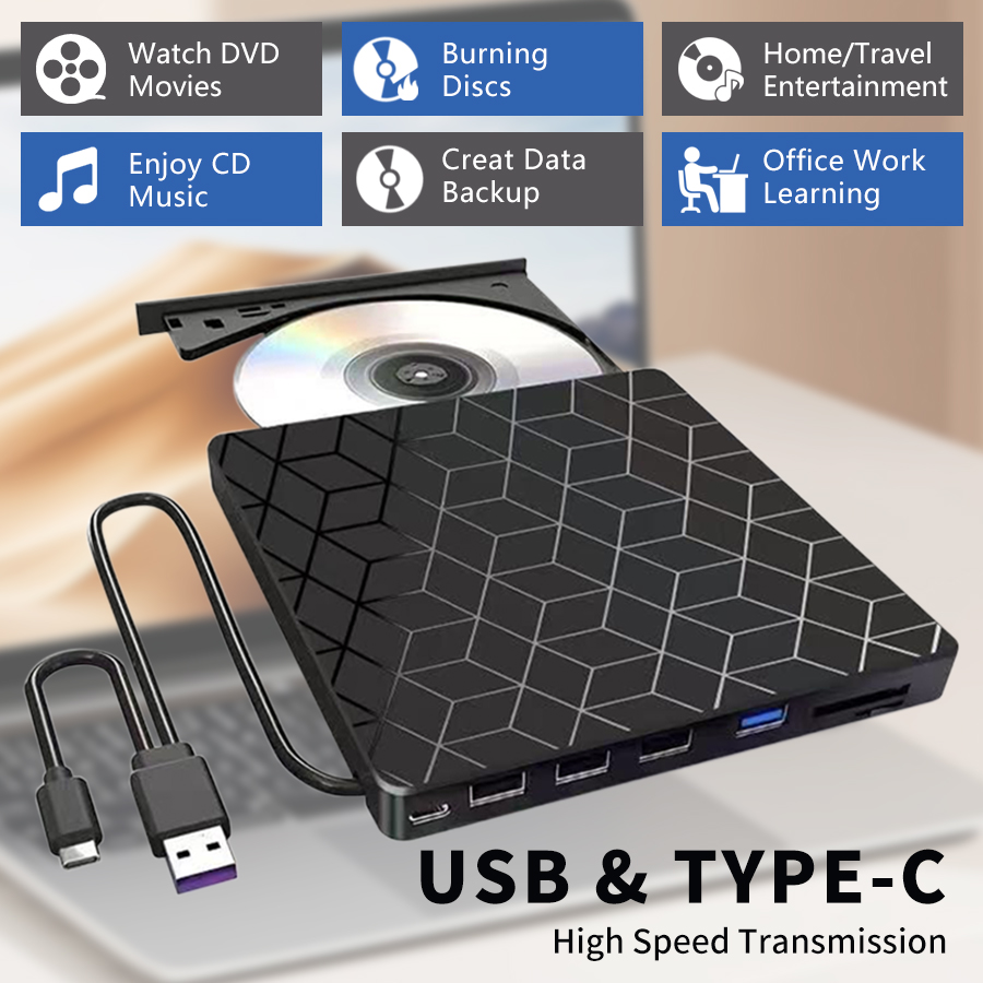 External CD DVD Drive USB 3.0 Type-C Slim Protectable CD Player Drive Burner Reader Optical Drive External For PC Laptop Desktop