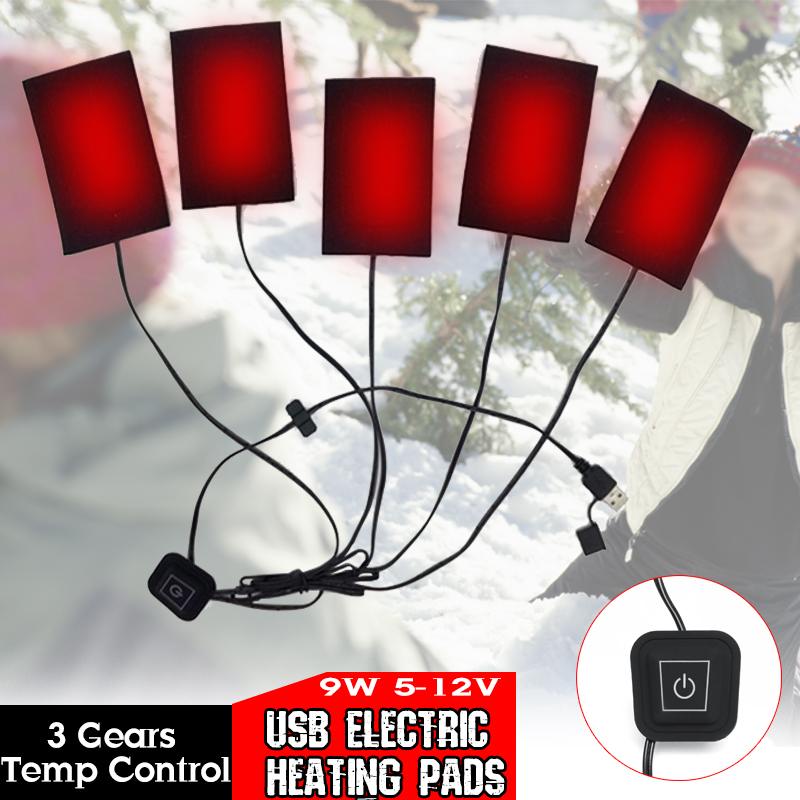 Almohadilla de calefacción eléctrica Usb de 5v 12v con 3 velocidades, temperatura ajustable, calentamiento rápido, almohadilla de calentador de fibra de carbono para chaleco y chaqueta de tela: 5 pads