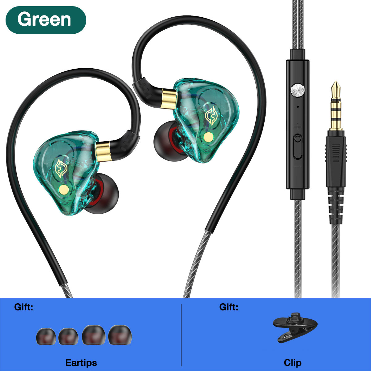 EARDECO-auriculares con cable de 3,5mm, cascos con micrófono, auriculares con cable, estéreo de graves, con cancelación de ruido, gancho para la oreja deportivo: Verde