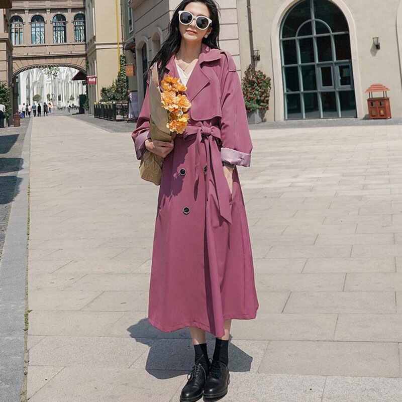 Trenchcoat Vrouwelijke Lente Herfst Koreaanse Pruim Kleur Lange Revers Vrouwen Windjack Losse Casual Dames Mantel Pendelen Jas: M