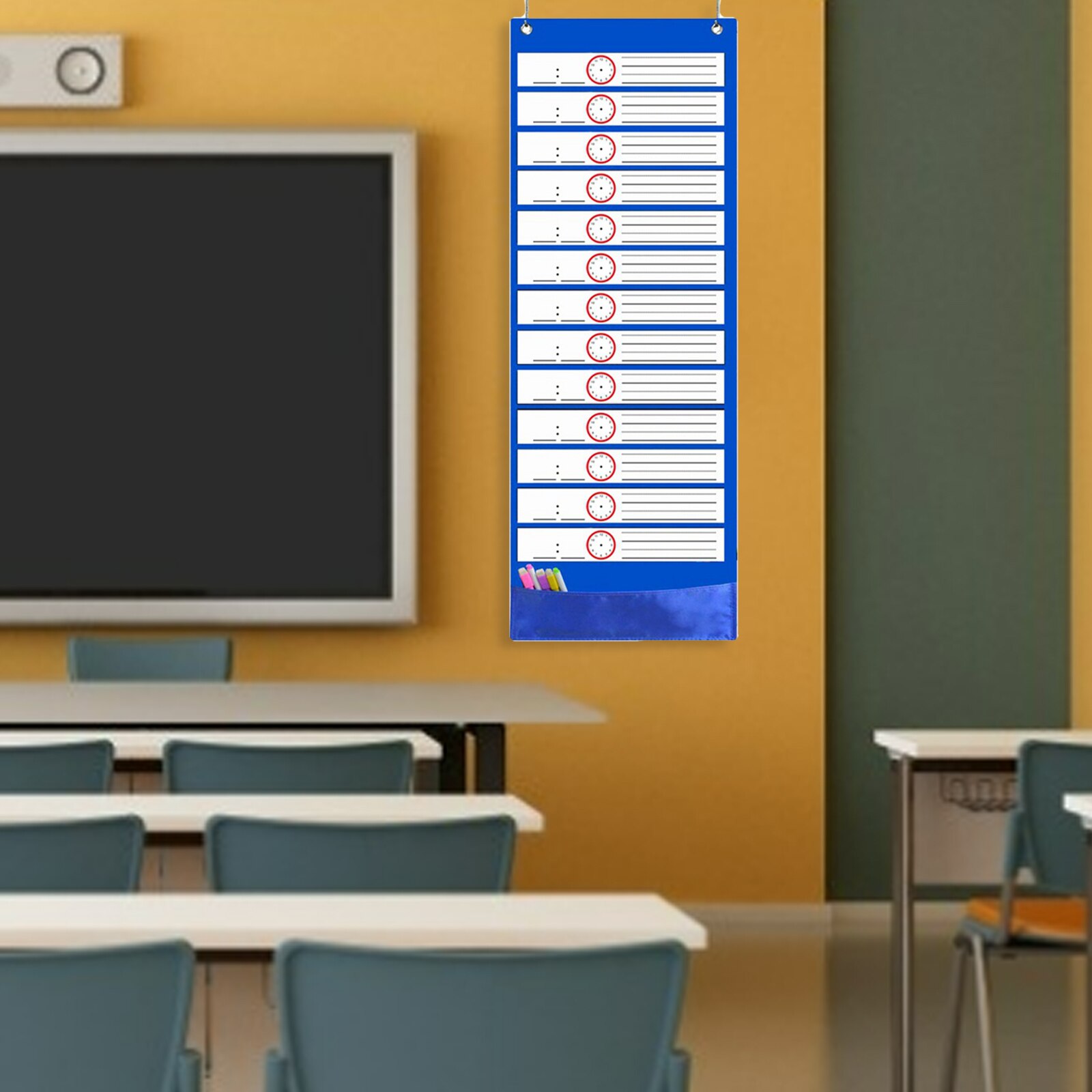 Classroom Pocket Chart Over Door Mounted with 18 Dry Erase White Cards for Home School: Blue