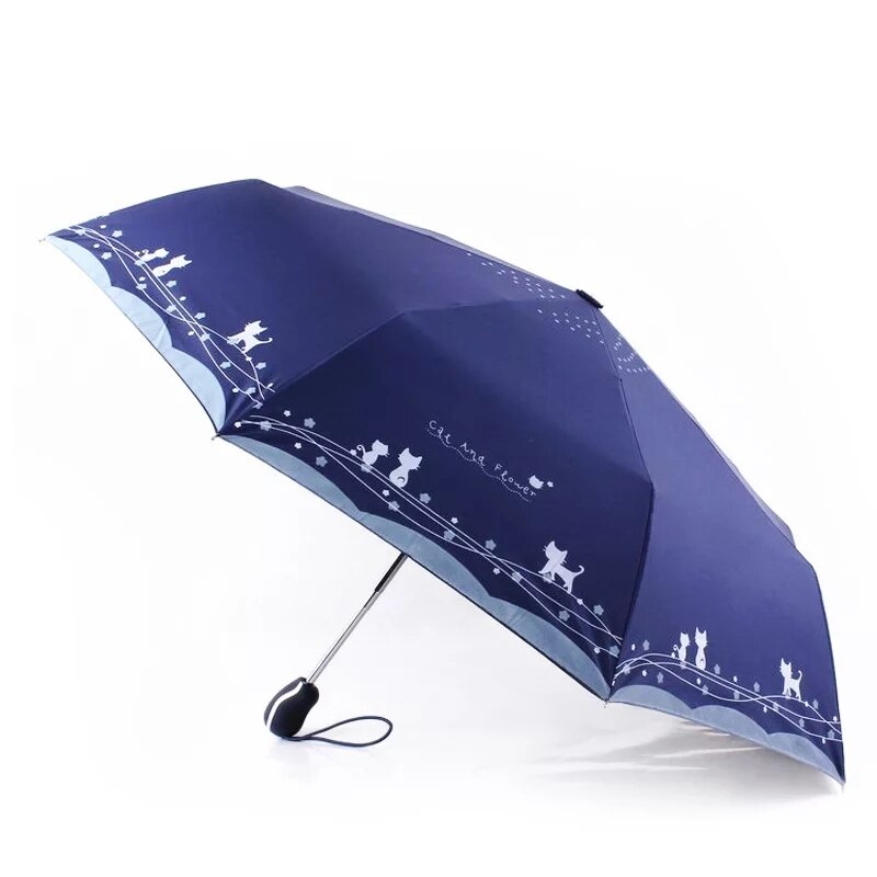 Oprindelige søde kat automatisk regn parasol kvinder bærbar vandtæt parasol vindtæt foldbar paraply: Mørkeblå