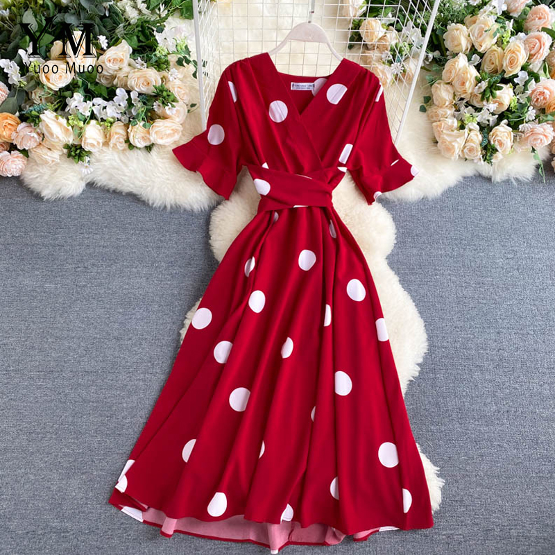 YuooMuoo-robe à bandes, tenue Vintage, à pois, col en V, tenue de soirée, tenue élégante, rouge, été