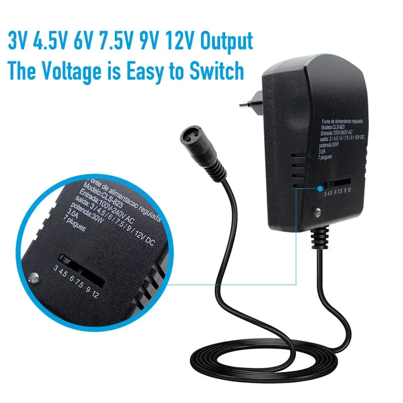 Einstellbares Schaltnetzteil, 12 V Volt-Transformator, AC 220 V auf DC 3 V, 4,5 V, 6 V, 7,5 V, 9 V, 12 V, Stromquelle mit DC-Buchse, 7 Stecker
