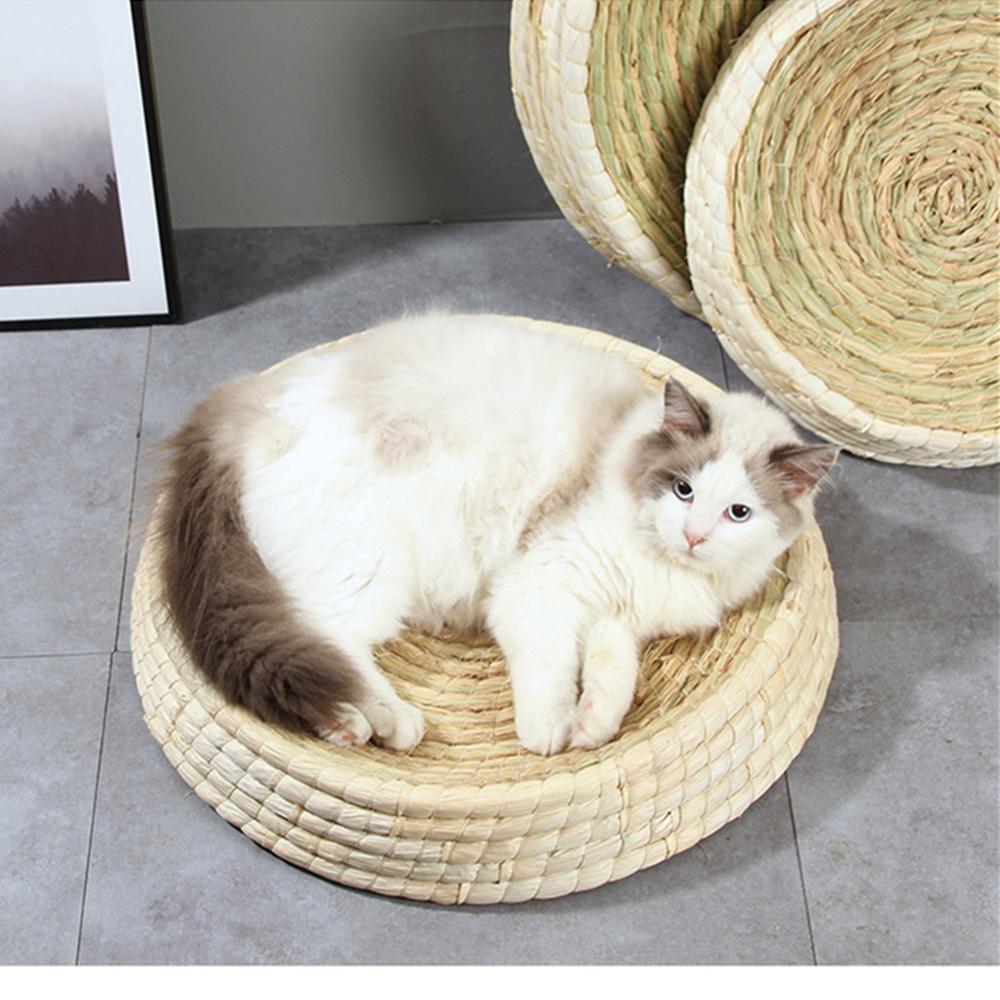 Mascota trenzado de paja cama cachorro nido de gato perrera rascado de gato pequeño estera para dormir mascotas casa gatos molienda garra cojín almohadilla