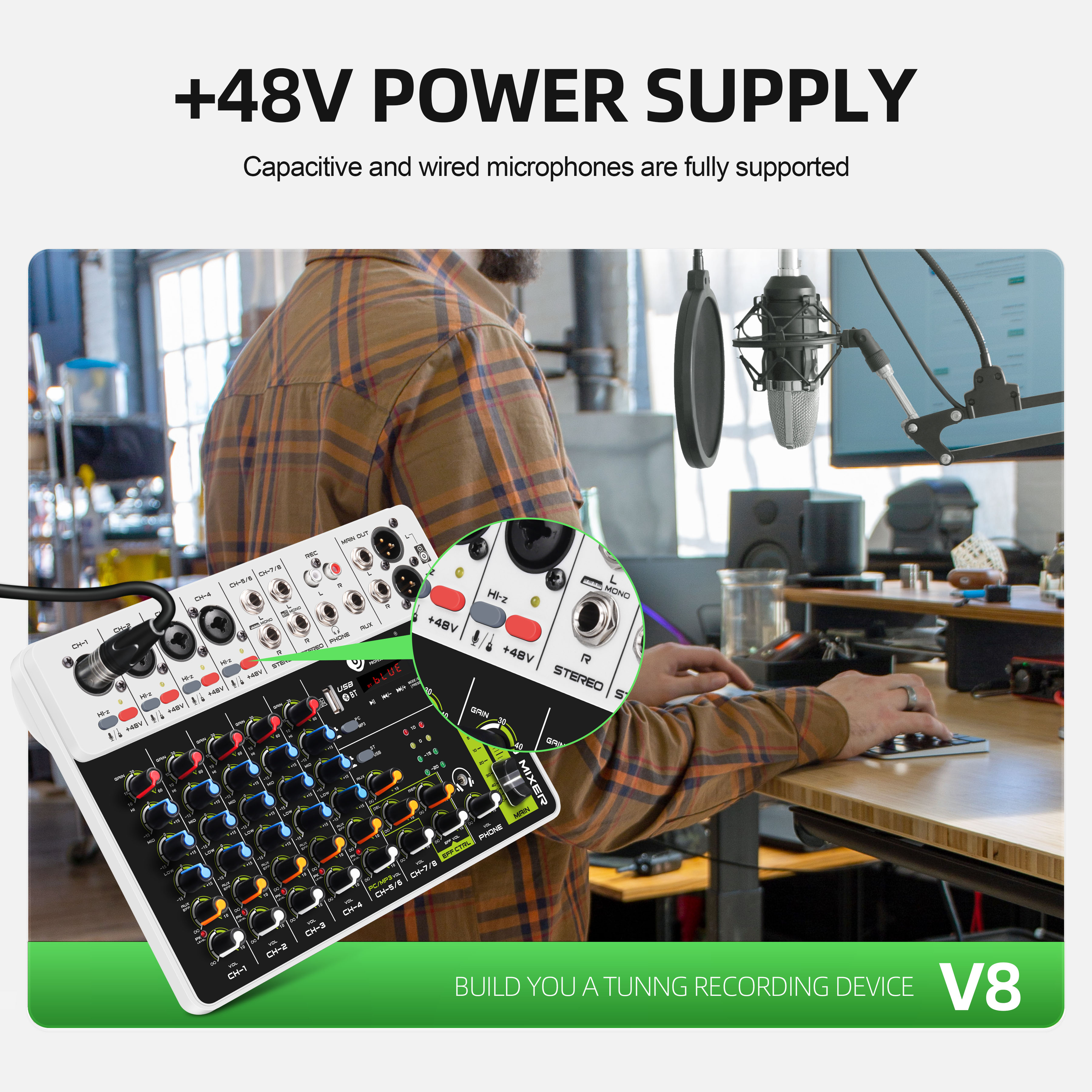 V8 Audio Interface Mixer with Bluetooth 5.0 Phantom Power for Computer Recording, Stage, Band Delayed Replay Effects DJ Mixer