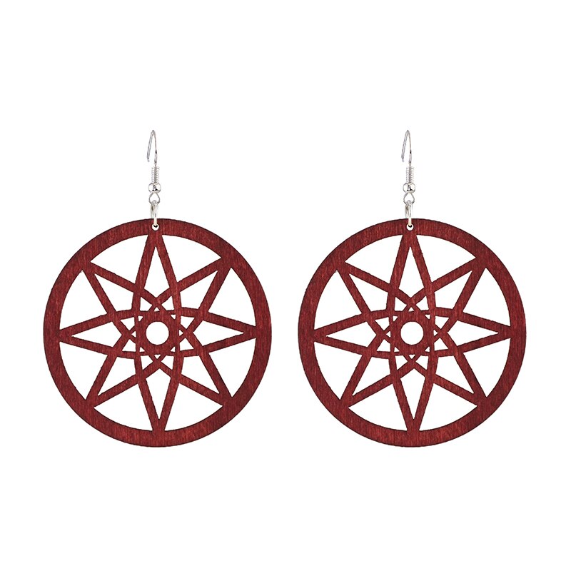 Retro Round Wood Earrings for Women Casual Original Hollow Eight-pointed Star Geometric Wooden Jewelry: C6