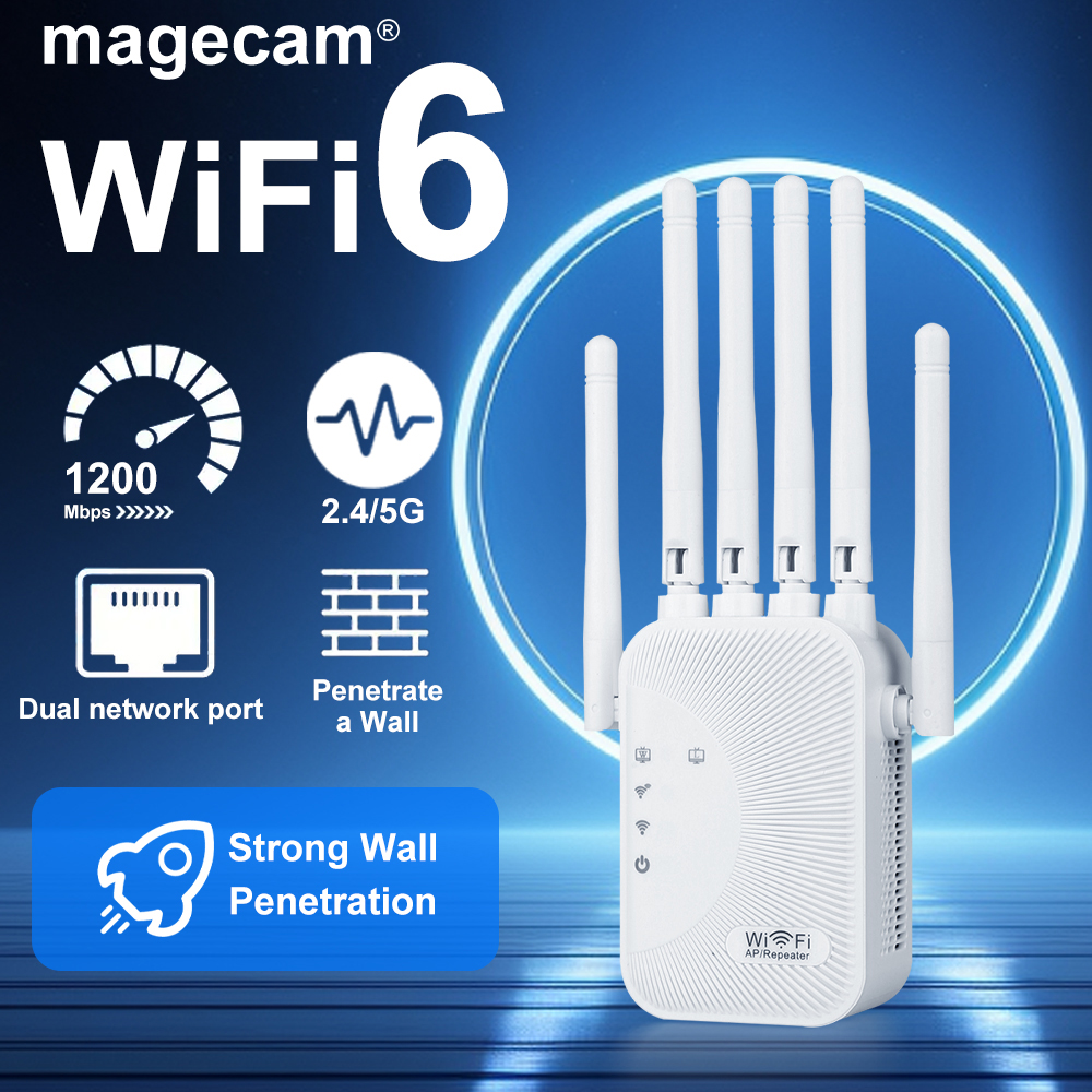 Magecam 1200Mbps WiFi Repetidor Roteador Sem Fio 2.4G 5GHz Rede Amplificador de Sinal de Longo Alcance Alta 6 Antena WiFi Booster para Casa