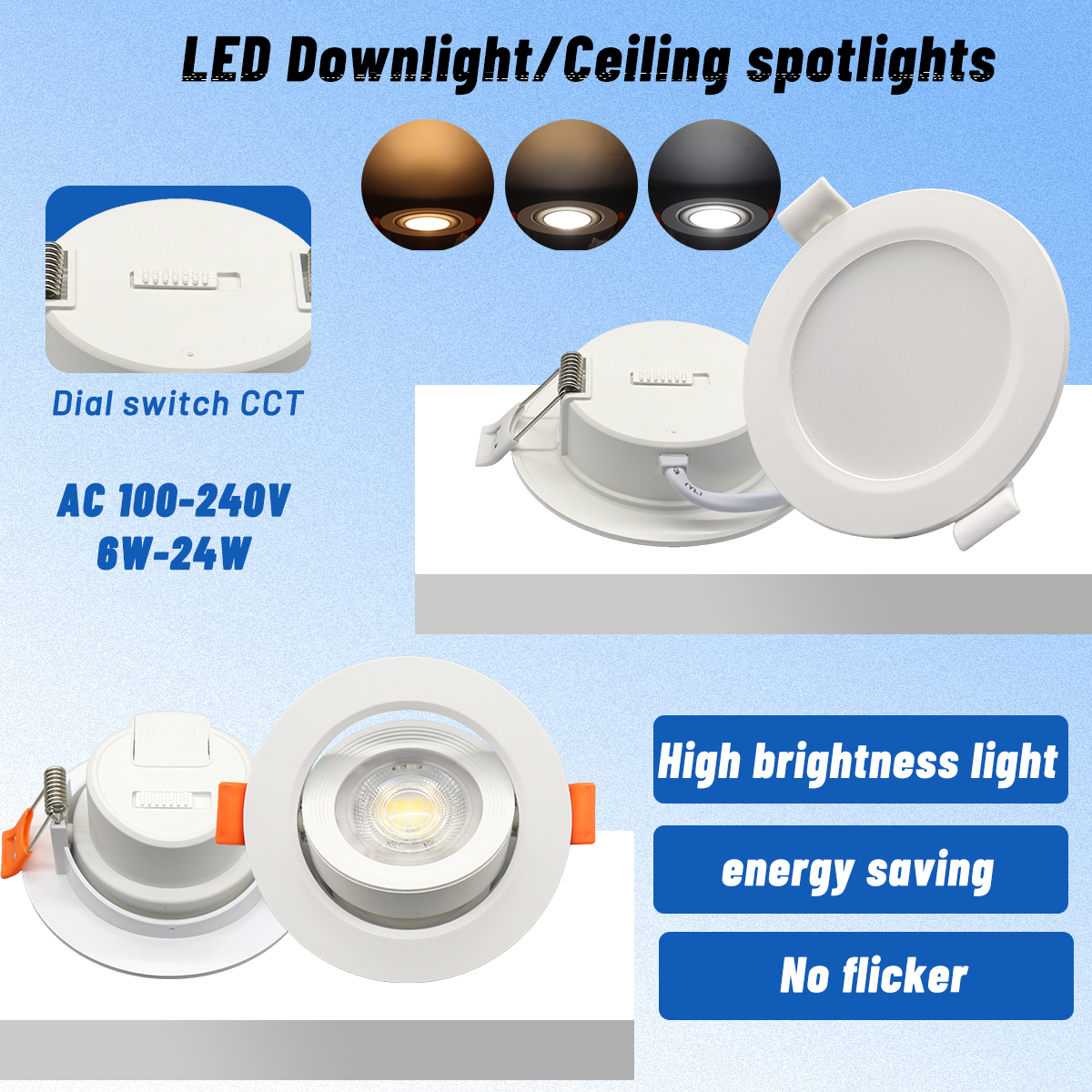 2 uds foco LED empotrable Dial Swich CCT luz de techo ajustada de 3 colores AC 120V 220V 3000K 4000K 6500K iluminación interior