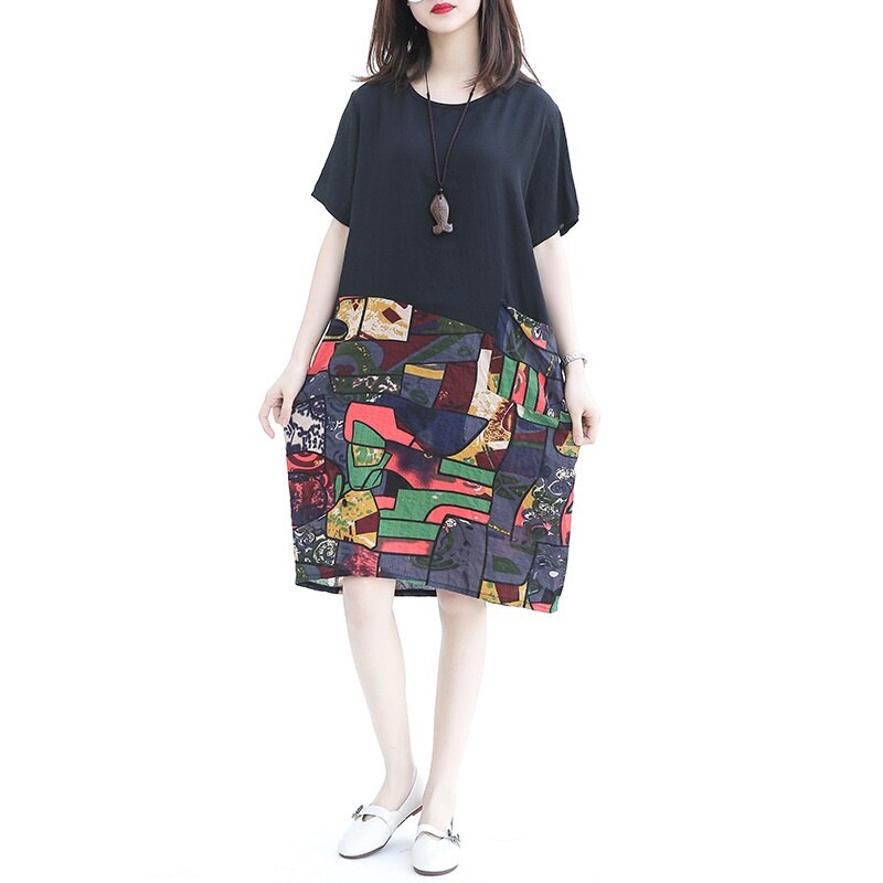 Ethnic Dresses Summer Female Loose Vintage Dress Short Sleeve Print Floral Beach Dress Midi Chinese Dresses TA1648: Default Title