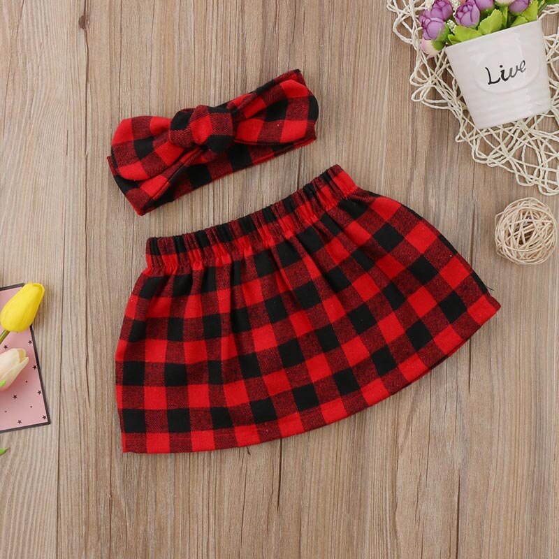 Rode Plaid Pasgeboren Meisje Rok Hoofdband 2 STKS Outfit Kerstcadeau Mode Kinderkleding 0-24 M