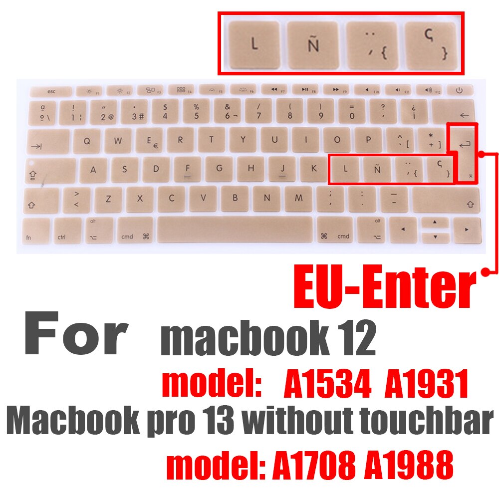 Hiszpański Laptop kolor silikonowa klawiatura pokrywa dla macbook pro13 A1708 A1988 12 &quot;retina A1534 A1931 folia ochronna klawiatura przypadku: EU Spanish Golden
