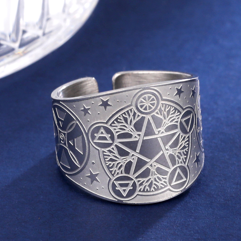 Anillo de tetragrammatón con pentagrama de brujería, anillo de dedo con pentáculo de acero inoxidable para hombres, amuleto de protección de energía antigua, joyería: 9 / Rojo rosado