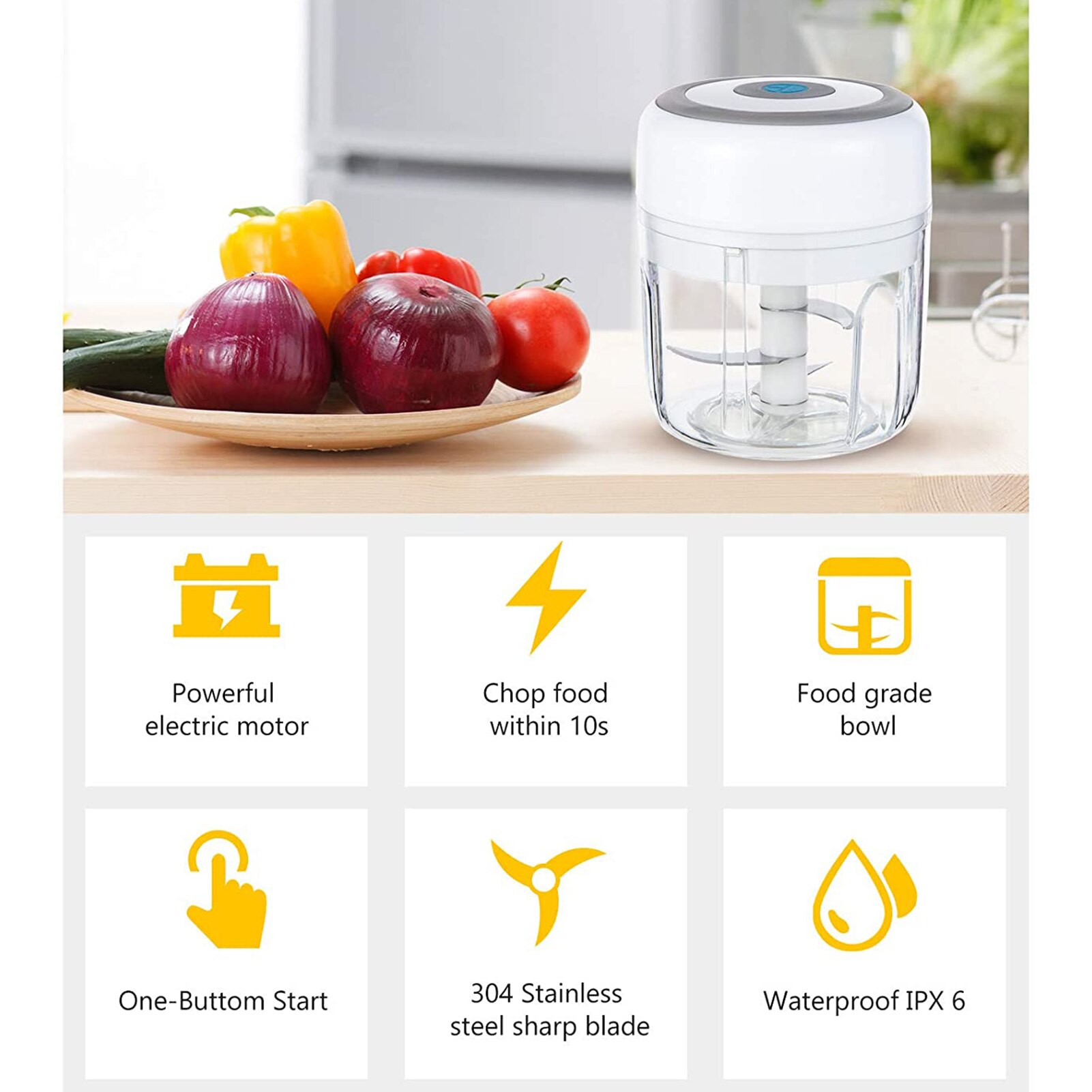 Picador de alho elétrico portátil de 250ml, mini picador de legumes, aço inoxidável, carregamento usb para moer alho, pimenta, carne