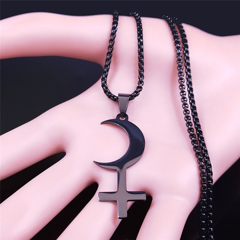 Lilith-collar con Cruz invertida de media luna, collares con signo de símbolo astrológico de acero inoxidable, joyería de Satán, cruz invertida N3776