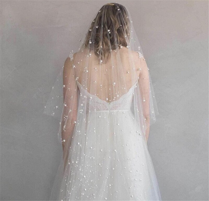 Voile de mariée blanc/ivoire/Champagne, Long deux niveaux, couvrant le visage, avec perles, avec peigne