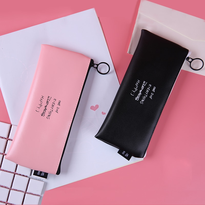 Estuche para lápices de lunares blancos y negros, bolsa rosa para lápices para adolescentes, niñas y mujeres, caja de cuero para bolígrafo, bolsa de papelería, suministros escolares