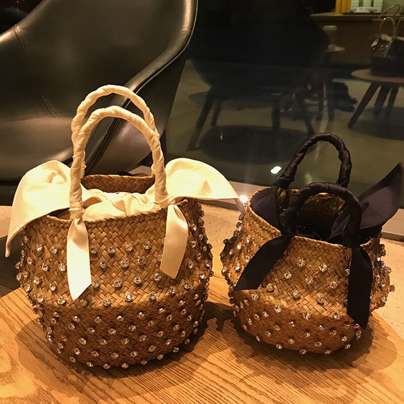 Bolso playero para vacaciones de verano para mujer, cosido a mano, con perlas, tejido de paja, bolsas con diamantes,