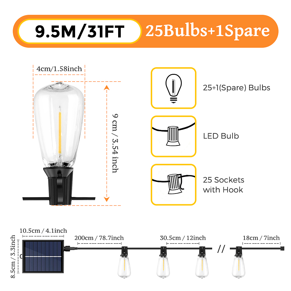 9,5M/12M buitenverlichting op zonne-energie met afstandsbediening, IP65 weerbestendig, LED-lampen op zonne-energie aansluitbaar voor terras, tuin, balkon: ROSE