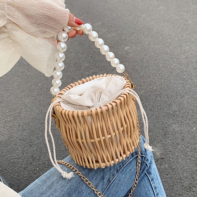 Summer Woven Straw Bags for Women Pearl Chain Round Handmade Rattan Beach Handbag Travel Bohemia Female Shoulder Crossbody Bag