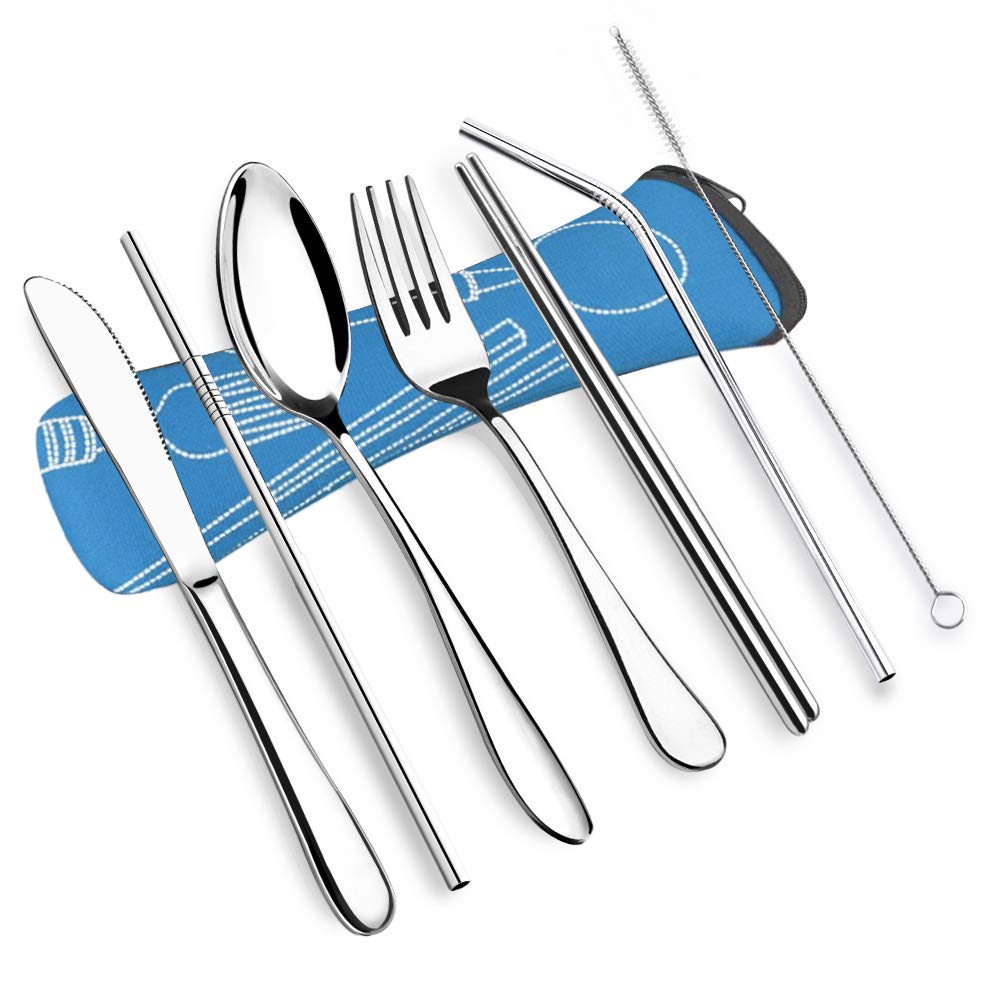 Servis set rostfritt stål servis med vete halm handtag kniv gaffel sked middag set kök servis: Himmelsblå