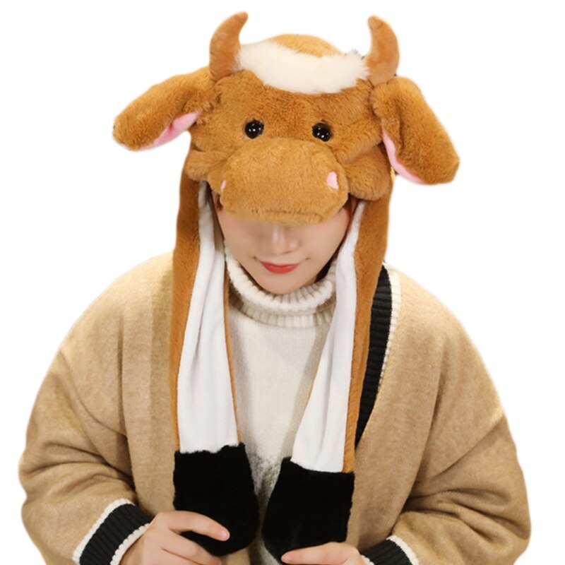Grappig Ox Dier Pluche Hoed Met Moving Jumping Oren Jaar Cartoon Knuffel Mooie Koe Vee Oorklep Cap Party prop: A