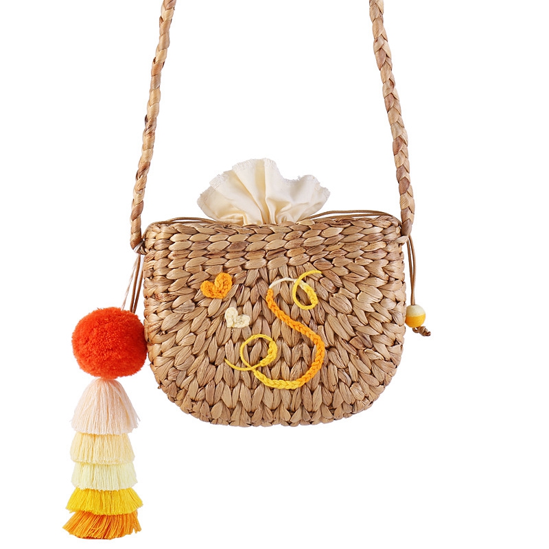 Neue Frauen Stroh Handtasche Handgemachte Strand Woven Tasche Haar Ball Quaste Semi-Rund Tote Tasche Meer Tourismus