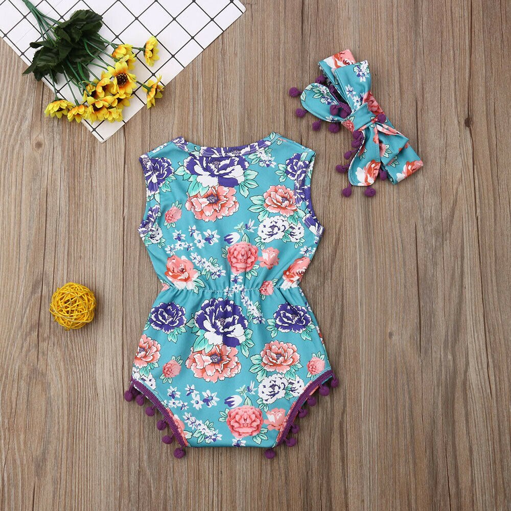 0-24M Baby Zomer Romper Kleding Pasgeboren Meisje Jongen Kwastje Hoofdband Ananas Outfit Mouwloze Bloemen Jumpsuit