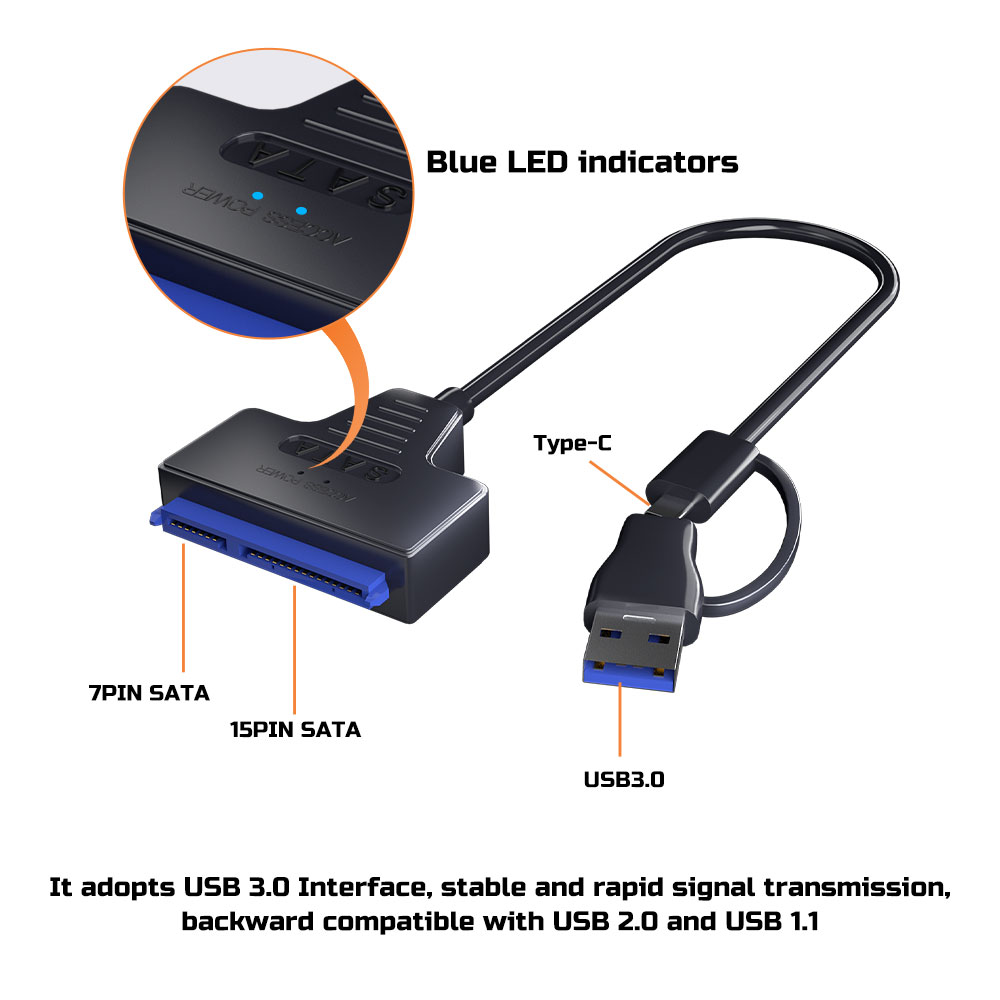 Usb 3.0 til sata/type-c-kabel usb til sata iii-driverkabel støtter 2.5- tommers 6 gbps hdd ssd-harddisk 22-- pinners adapter