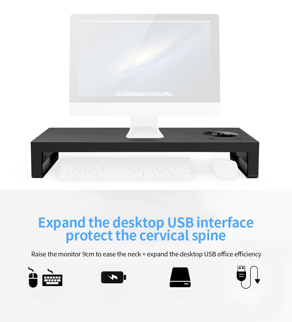 USB3.0 Wireless Thermal Charging Monitor Stand Riser Laptop Base Heightening Transfer Data Keyboard Mouse Charging Storage