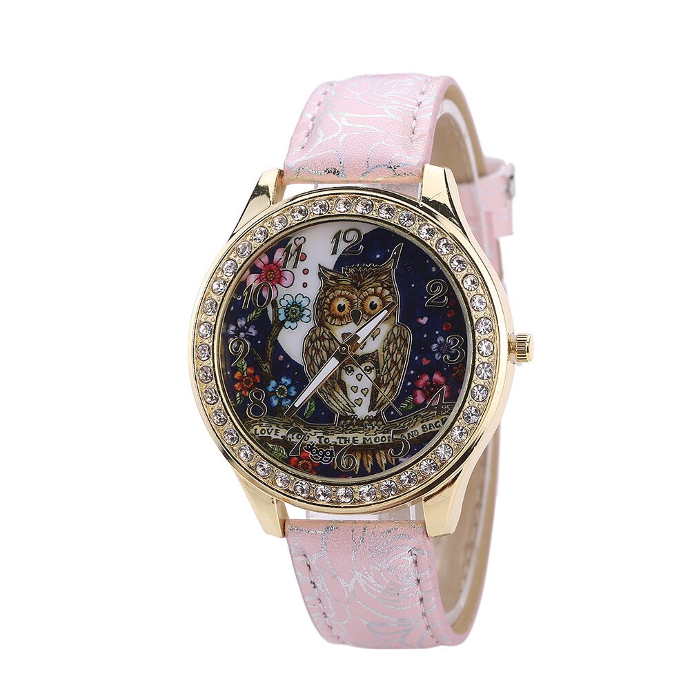 Mannelijke En Vrouwelijke Horloges Universal Cartoon Uil Paar Modellen Diamond Quartz Horloge Vrouwen Dames Klok Relogio Masculino: Pink