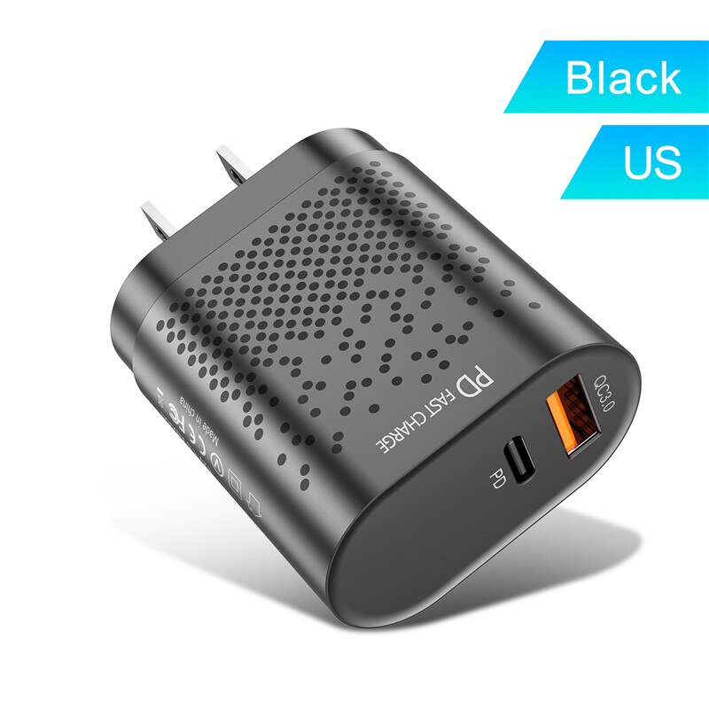 USLION 18W USB QC 3.0 caricabatterie per tablet a ricarica rapida adattatore PD3.0 per iPhone 12 caricabatterie da viaggio Samsung Xiaomi: US Black