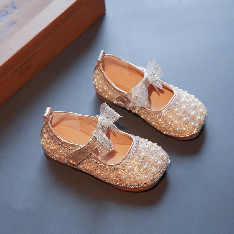Girl's Princess Shoes Children's Bow Rhinestone Leather Kids Shoe 2022 Baby Girls Party Student Flat Shoes E584: Gold / 24(Insole 15CM)