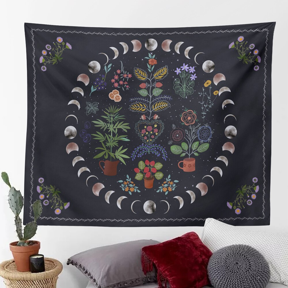 Moonlit Tuin Tapestry Maan Fase Tapestry Bloemen Wandtapijten Zwarte Achtergrond Bloemen Tapijt Muur Opknoping Voor Kamer Home Decor