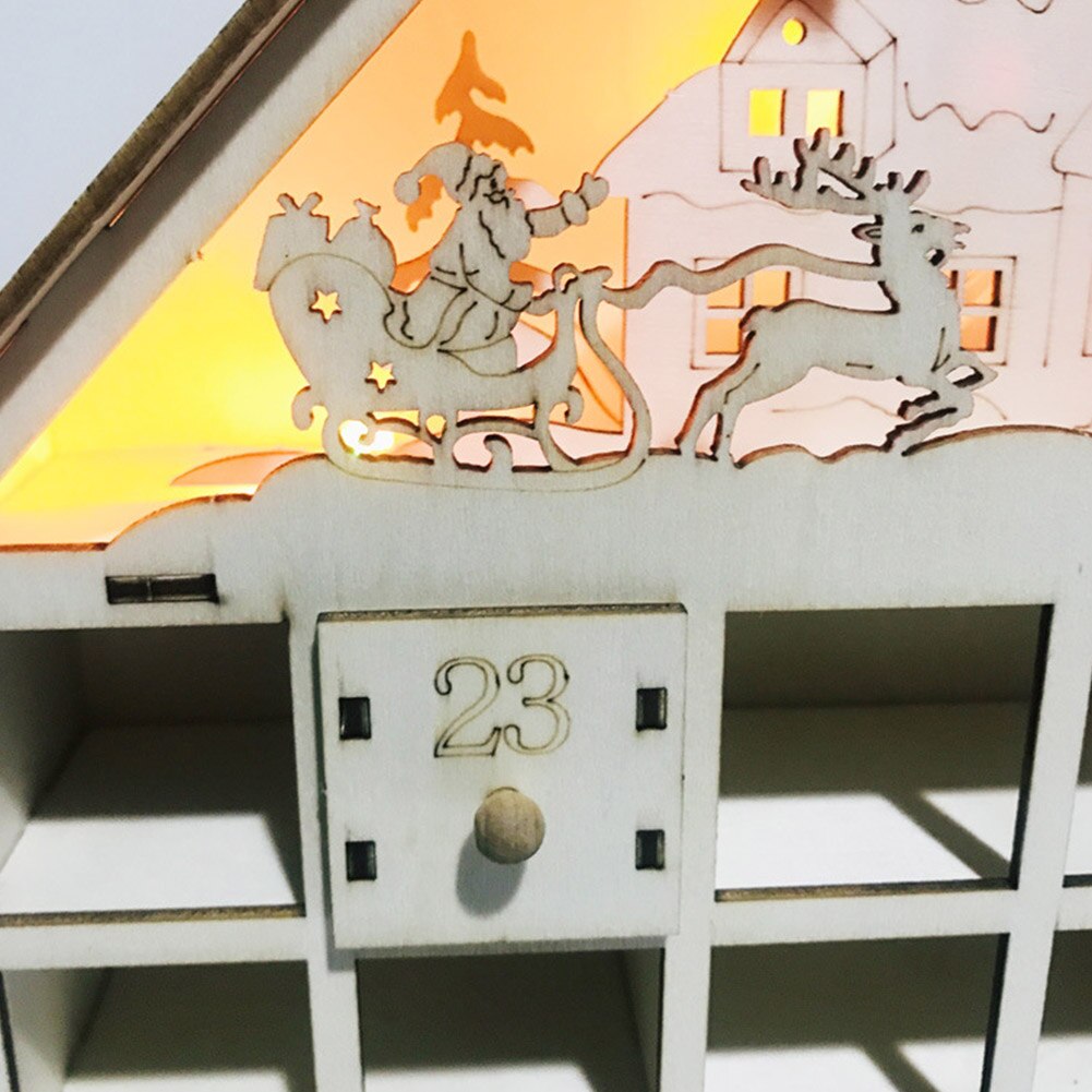 Box Wooden Advent Calendar Drawer Countdown DIY Desktop Decor Family Christmas Ornament House LED Light Deer Santa Claus