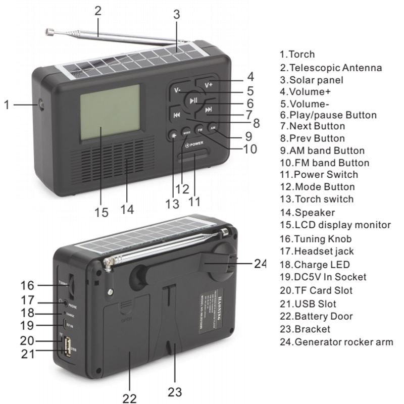 Draagbare Radio Hand Crank Am/Fm Emergency Radio Ontvanger Bluetooth Muziekspeler Met Led Zaklamp Ondersteuning Tf Card Usb spelen